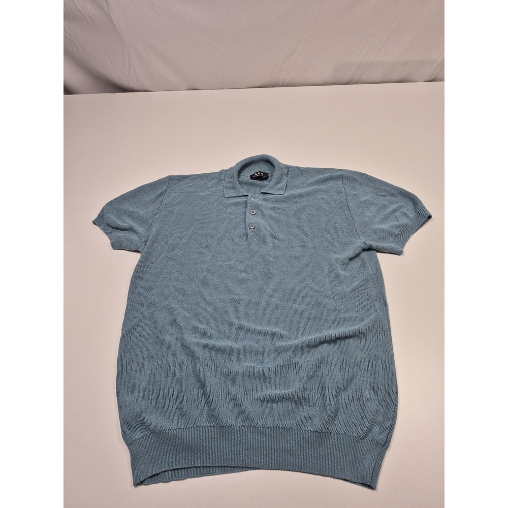 A.P.C. Sweater Mens 2XL Blue Viscose Linen Polo Knit Short Sleeve Pullover